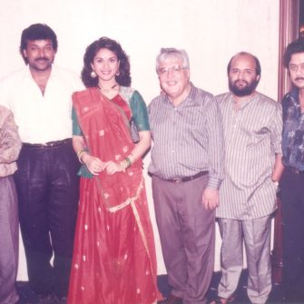 Chiranjeevi, Satish Kaushik, Meenakshi Seshadri with NN Sippy, music composer Anand Milind and lyricist Sameer